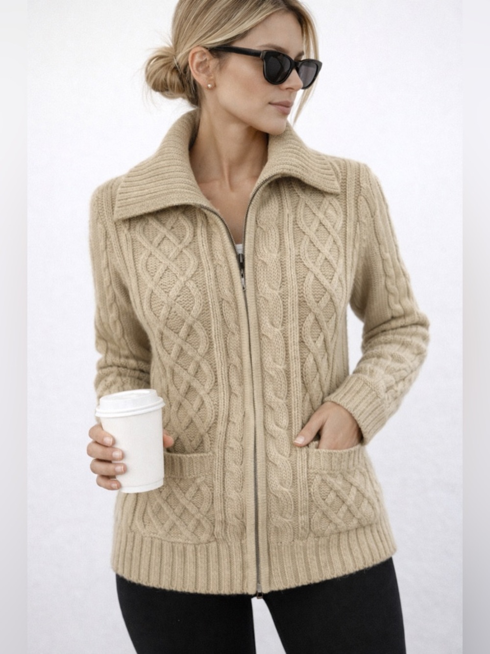 St John’s Bay Cable Knit Zip Cardigan Beige Collared Sweater M Old Money Cabin